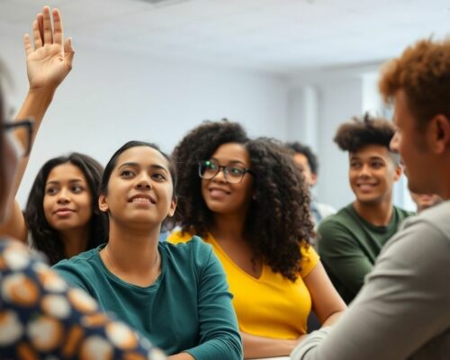 Étudiants en classe, un lève la main.