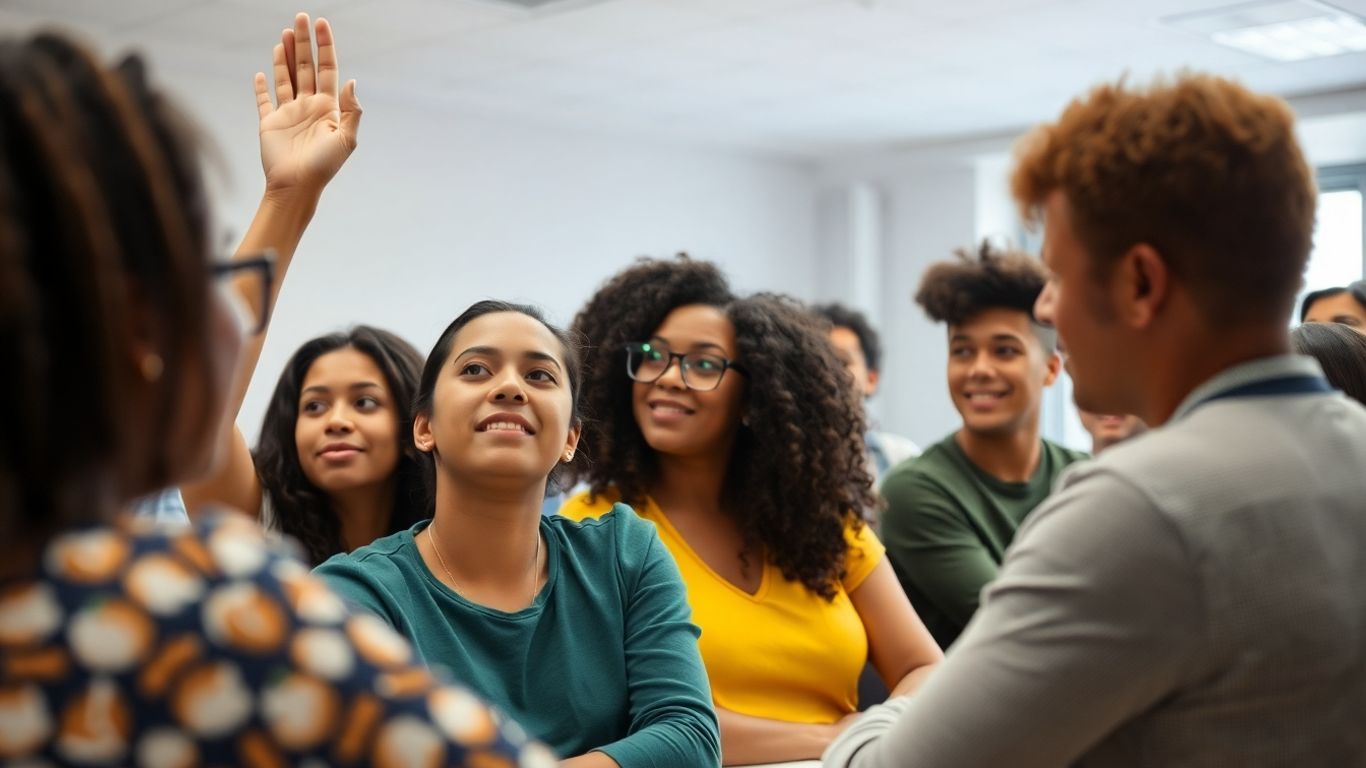 Étudiants en classe, un lève la main.