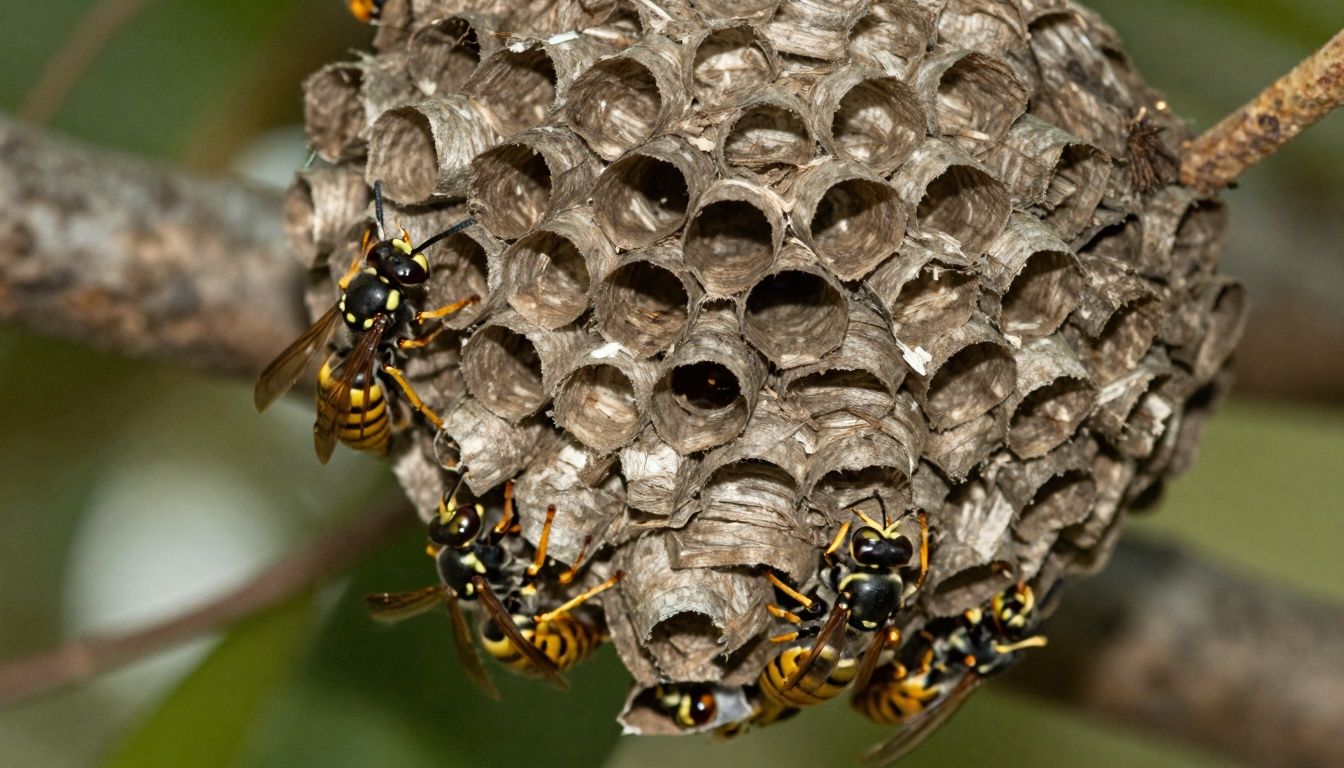 Close-up of an active wasp nest hanging from a branch.