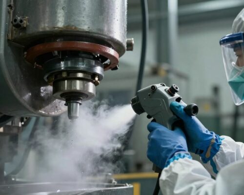 Industrial cleaning worker in a high-risk environment.